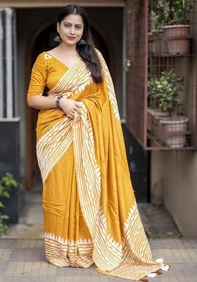 Yellow Embroidered Blended Saree Set