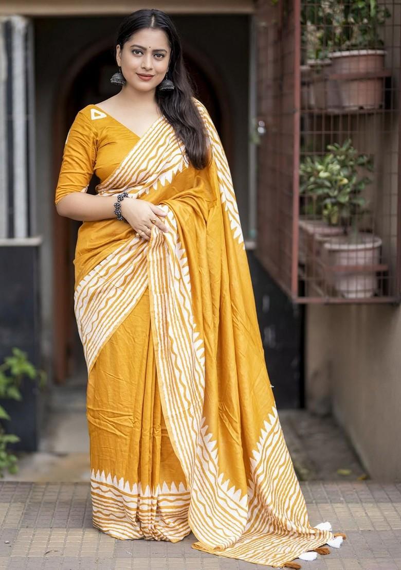 Yellow Embroidered Blended Saree Set - Indya