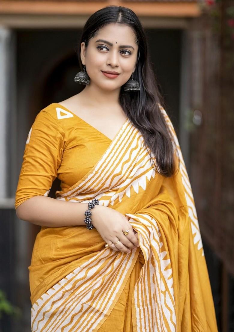 Yellow Embroidered Blended Saree Set - Indya