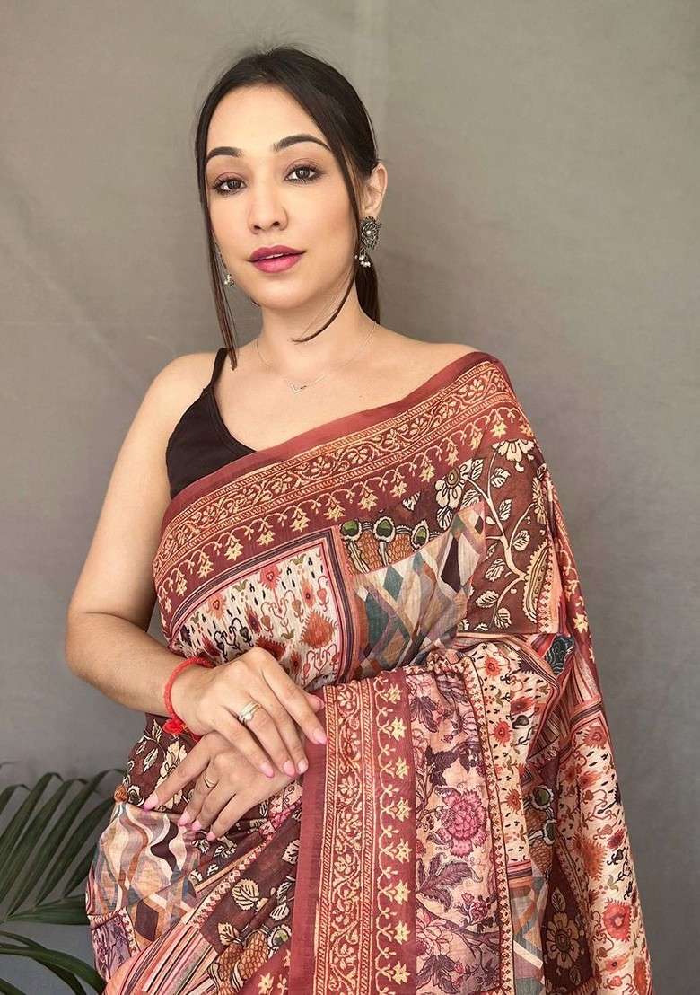 Brown Embroidered Blended Saree Set for Diwali and Festive Wear - Indya