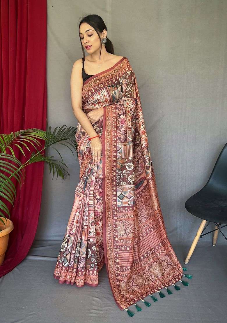 Brown Embroidered Blended Saree Set for Diwali and Festive Wear - Indya