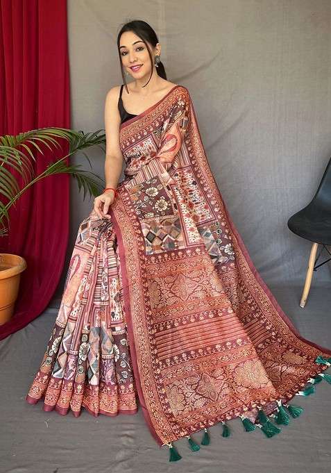 Brown Embroidered Blended Saree Set for Diwali and Festive Wear