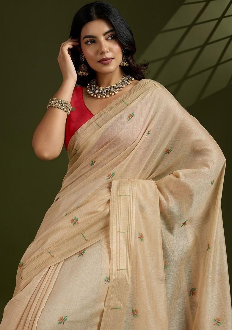Beige Embroidered Blended Saree Set - Indya