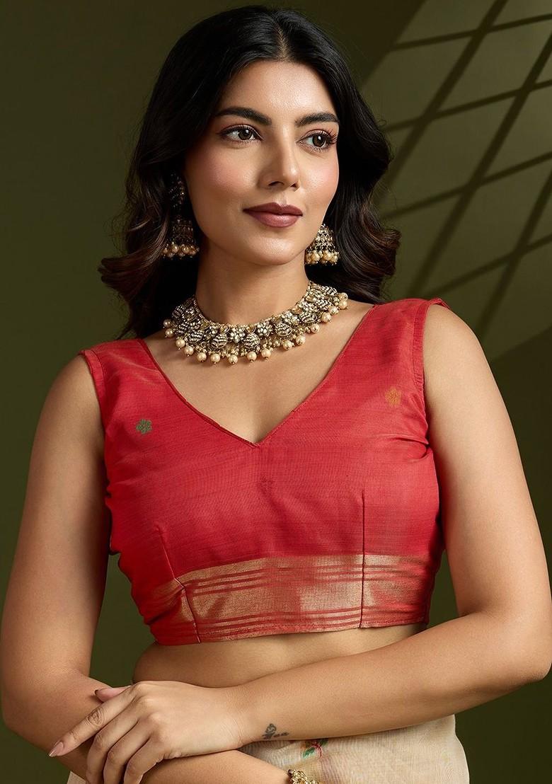 Beige Embroidered Blended Saree Set - Indya