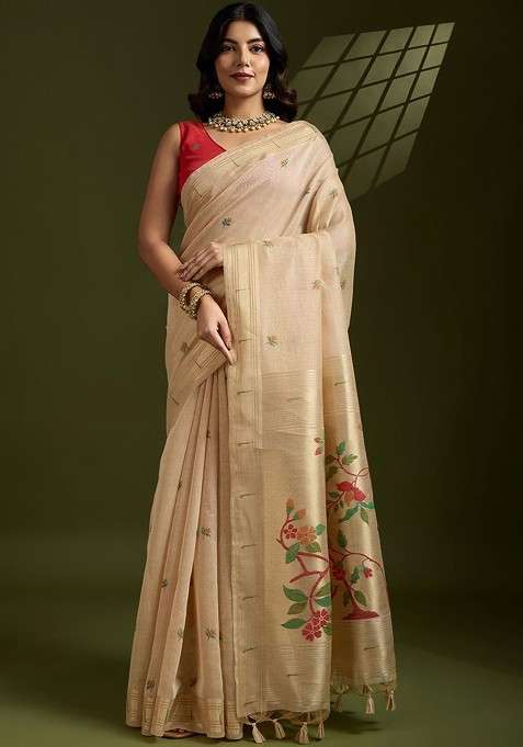 Beige Blended Saree Set with Embroidered for Diwali | Wedding & Festive Wear