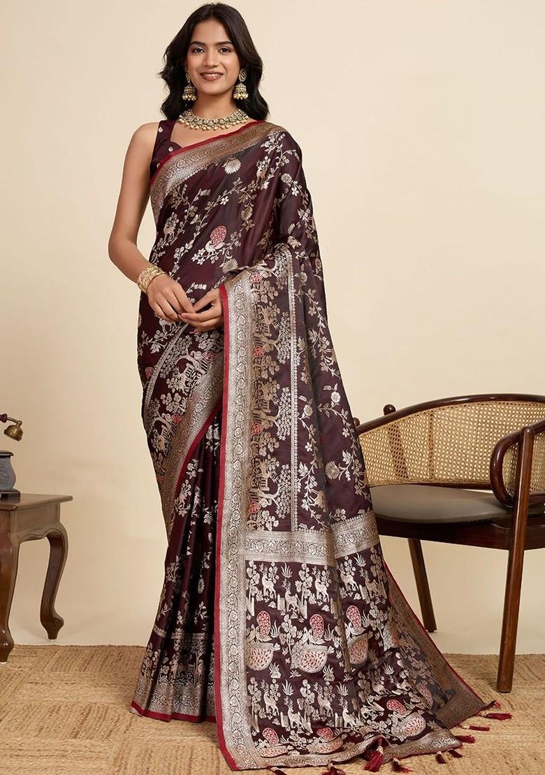 Maroon Embroidered Blended Saree Set - Indya