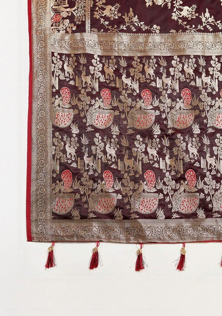 Maroon Embroidered Blended Saree Set - Indya