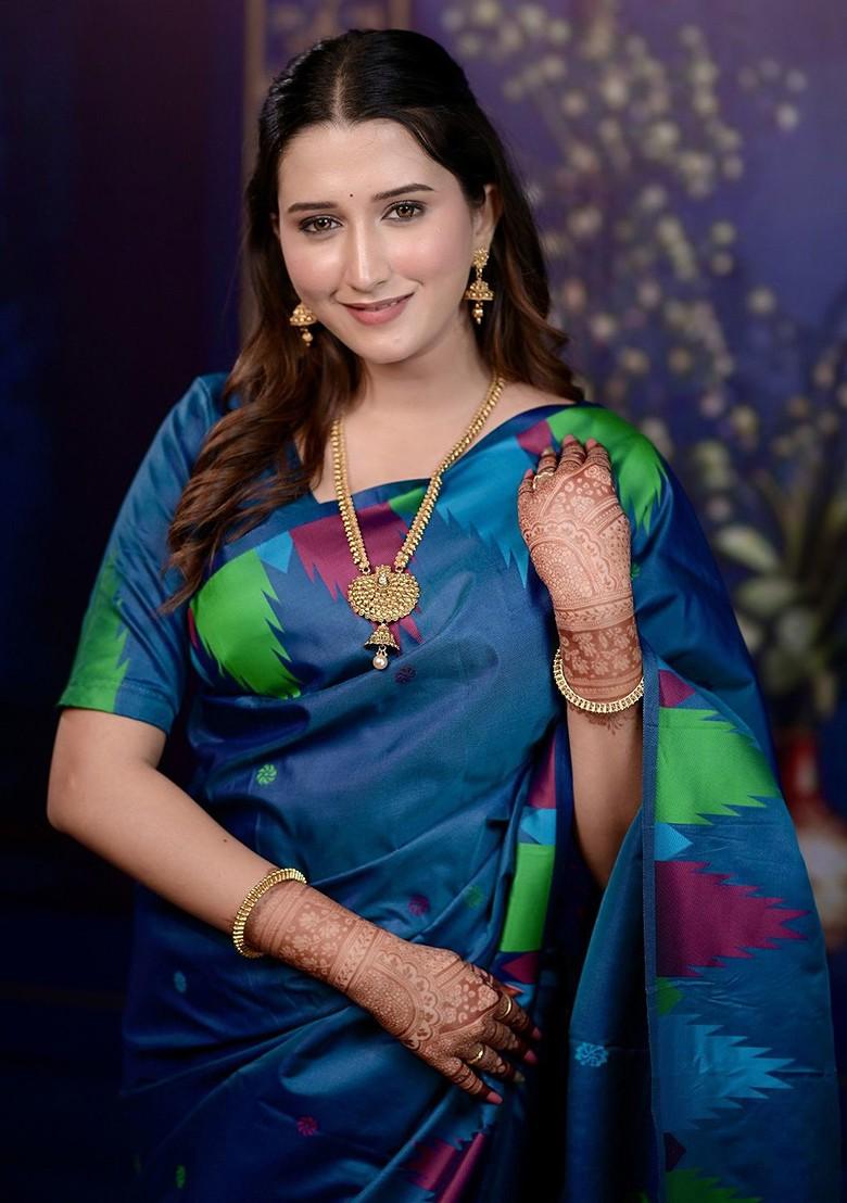 Blue Embroidered Blended Saree Set - Indya
