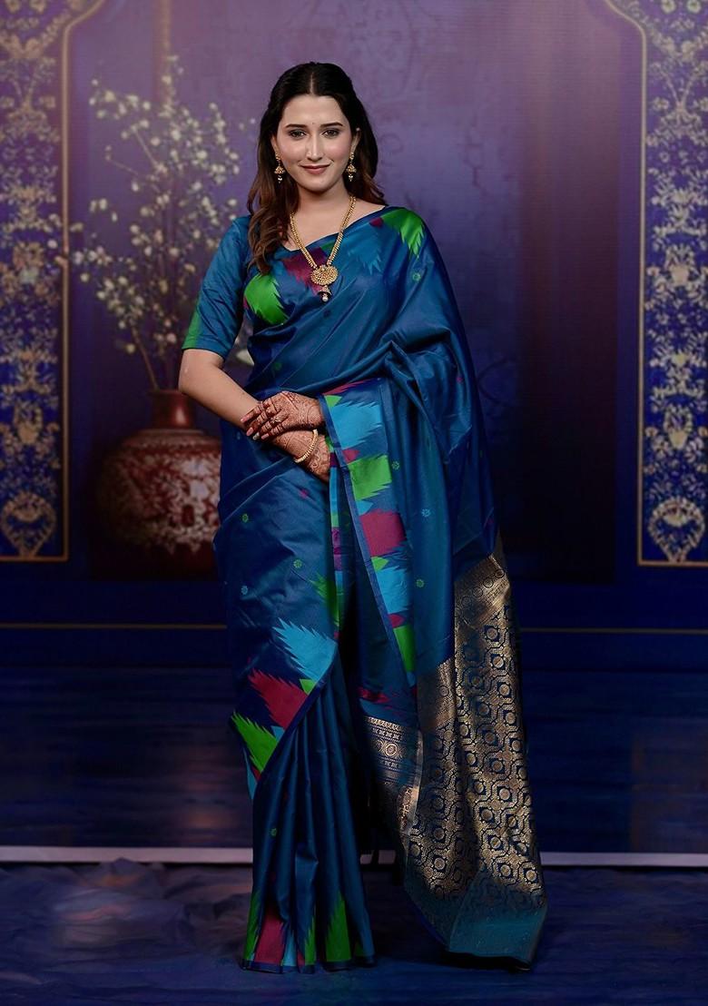 Blue Embroidered Blended Saree Set - Indya