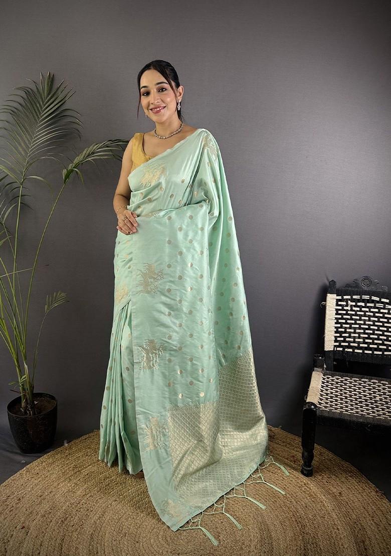 Green Embroidered Blended Saree Set - Indya