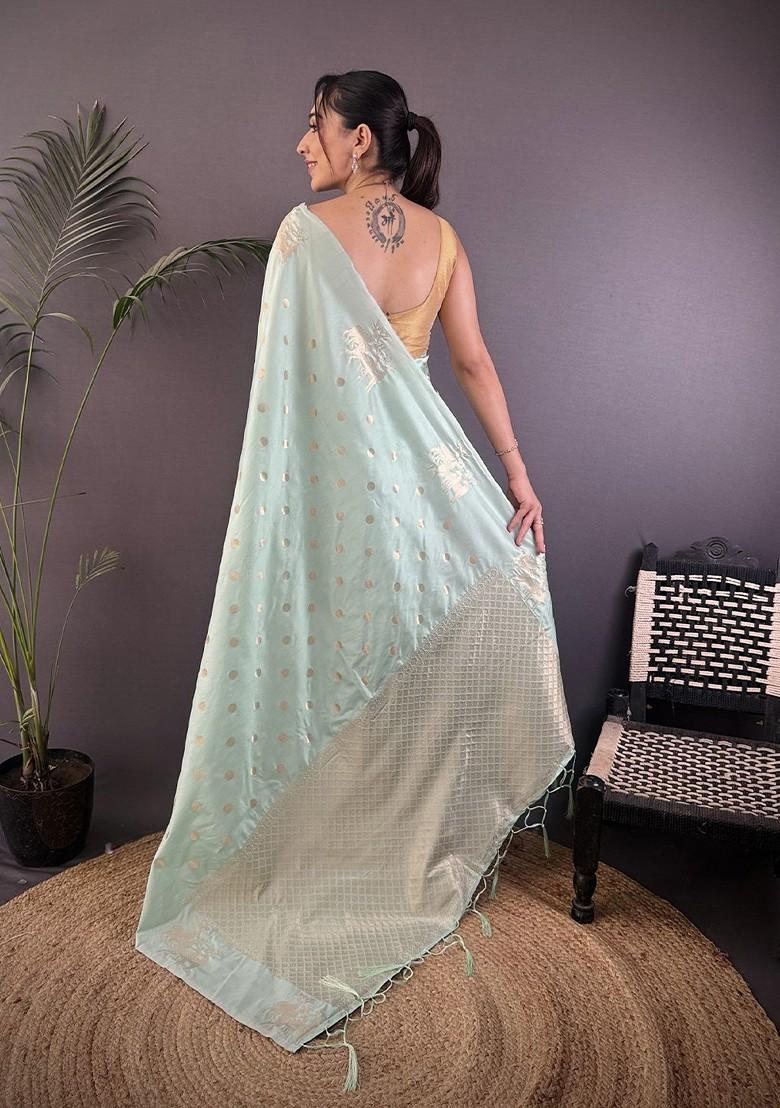Green Embroidered Blended Saree Set - Indya