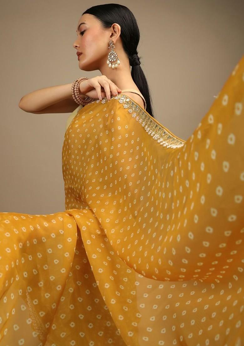 Mustard Embroidered Blended Saree Set - Indya