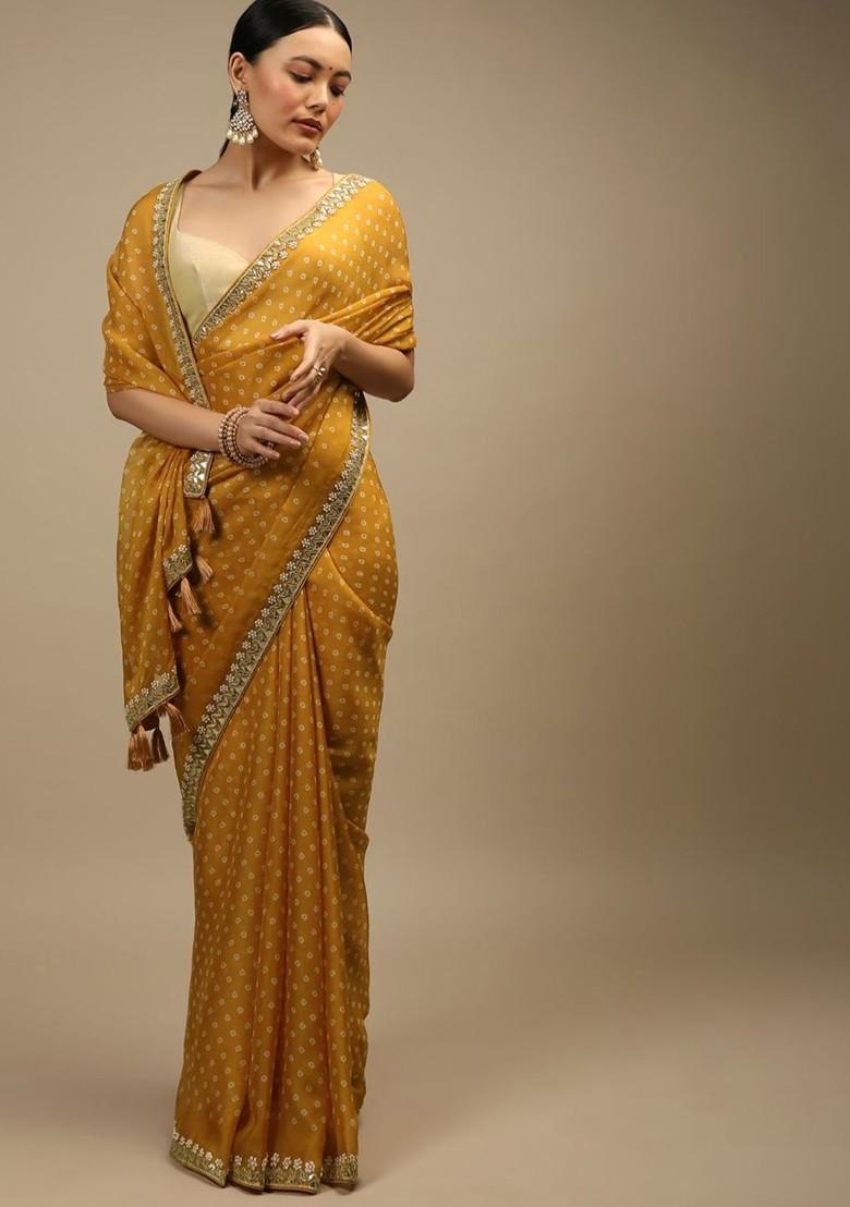 Mustard Embroidered Blended Saree Set - Indya