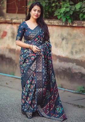 Blue Embroidered Blended Saree Set