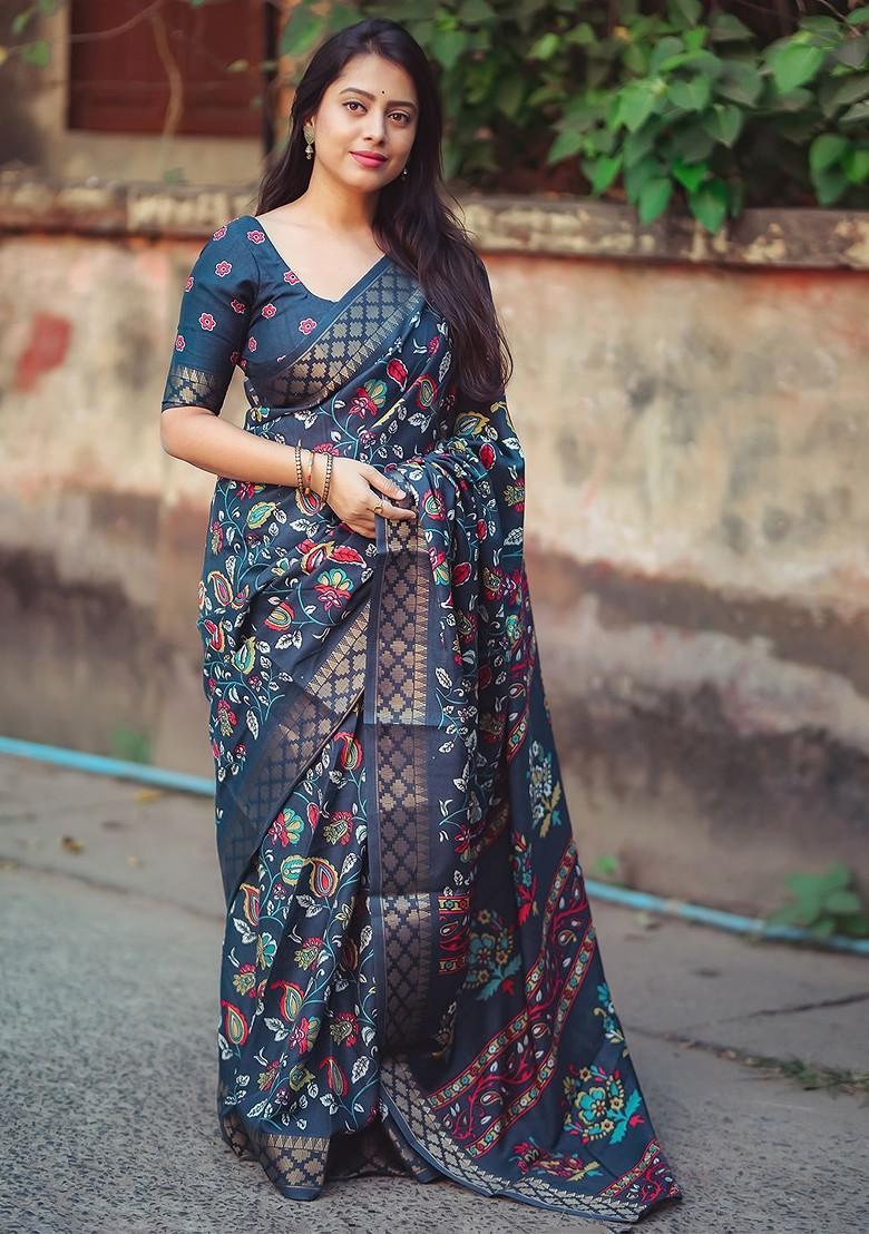 Blue Embroidered Blended Saree Set - Indya