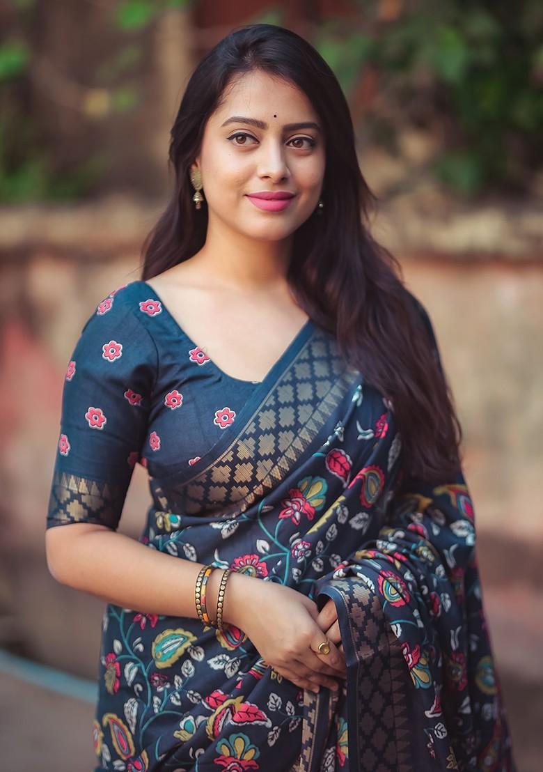 Blue Embroidered Blended Saree Set - Indya