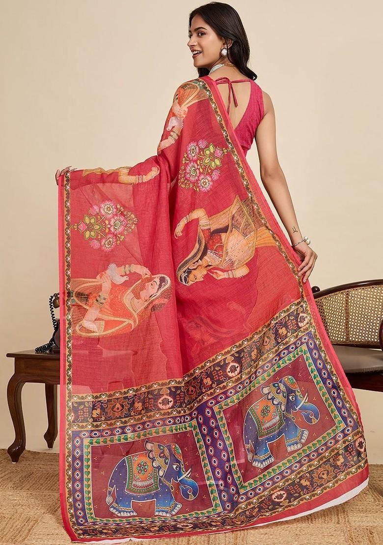 Red Embroidered Blended Saree Set - Indya