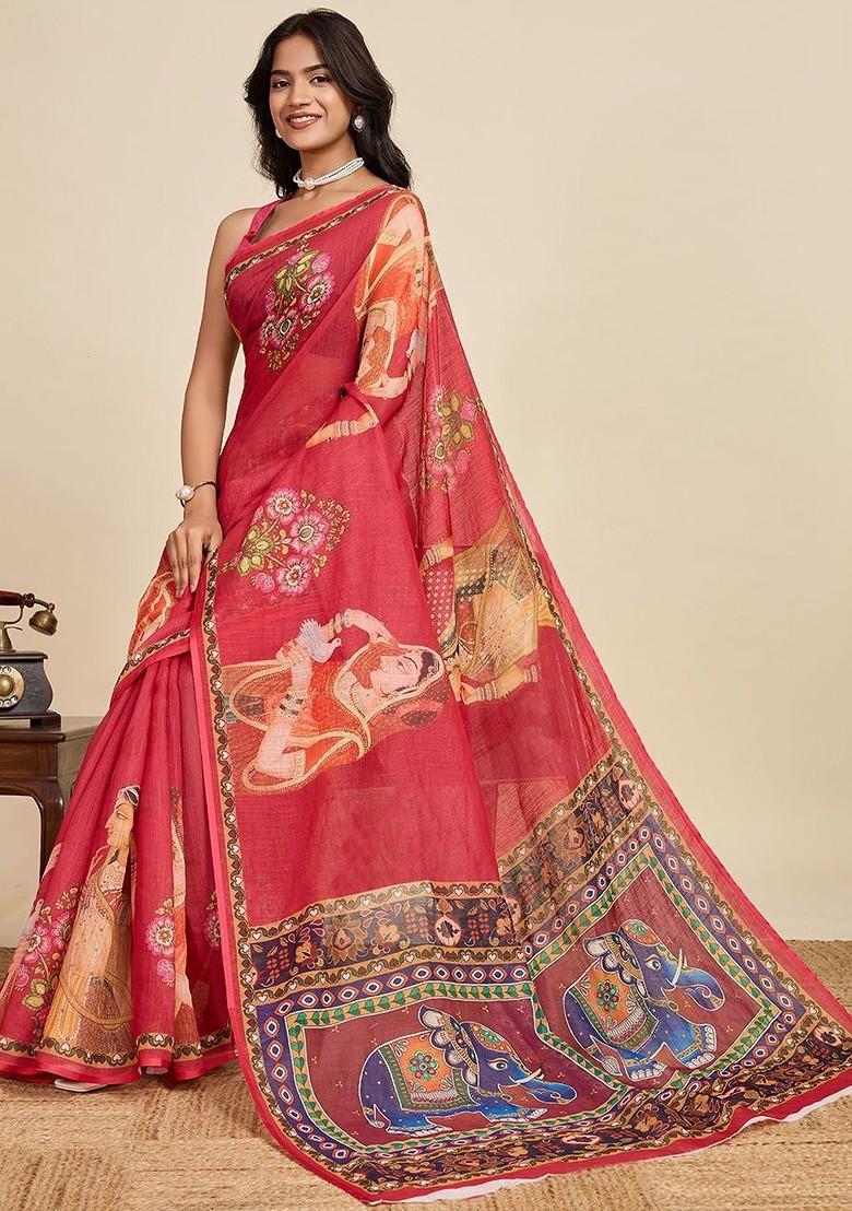 Red Embroidered Blended Saree Set - Indya