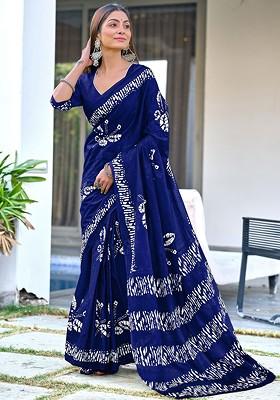 Blue Embroidered Blended Saree Set