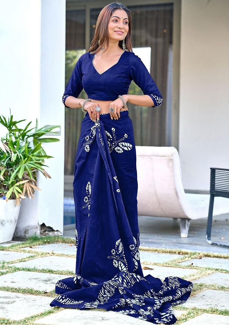 Blue Embroidered Blended Saree Set - Indya