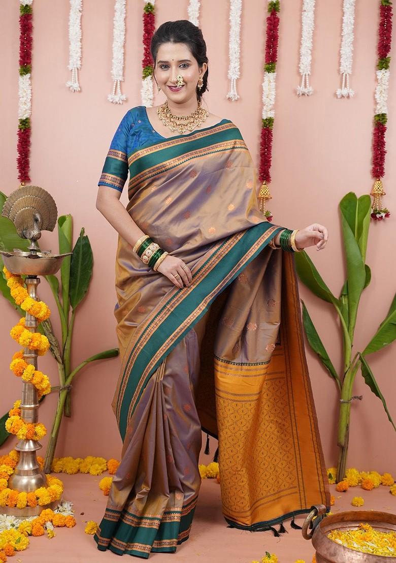Beige Embroidered Blended Saree Set - Indya