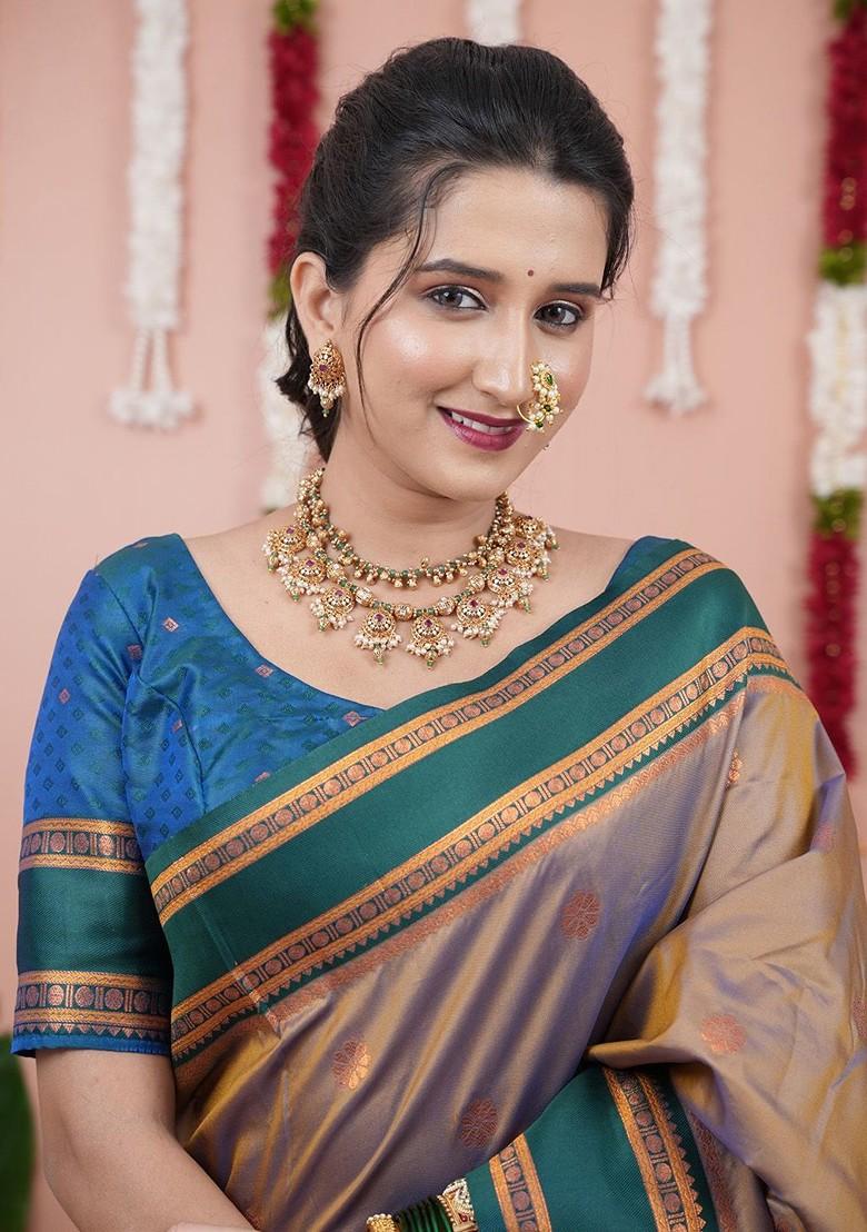 Beige Embroidered Blended Saree Set - Indya