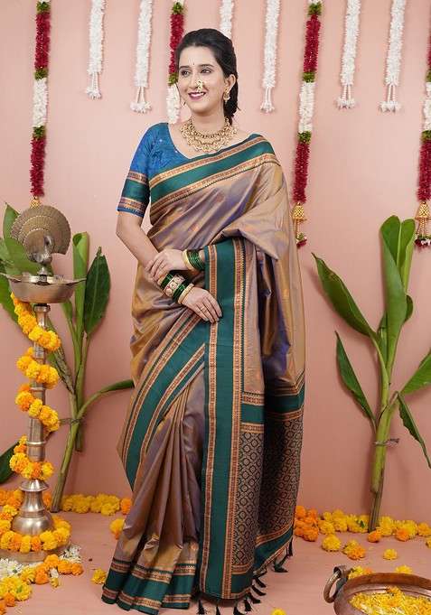 Beige Embroidered Blended Saree Set for Diwali and Festive Wear