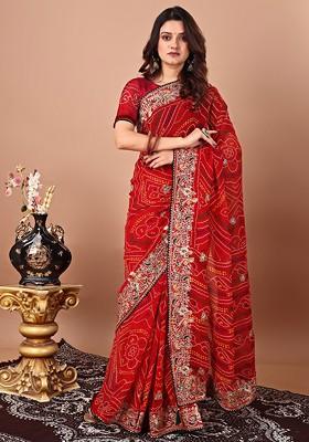 Red Embroidered Blended Saree Set