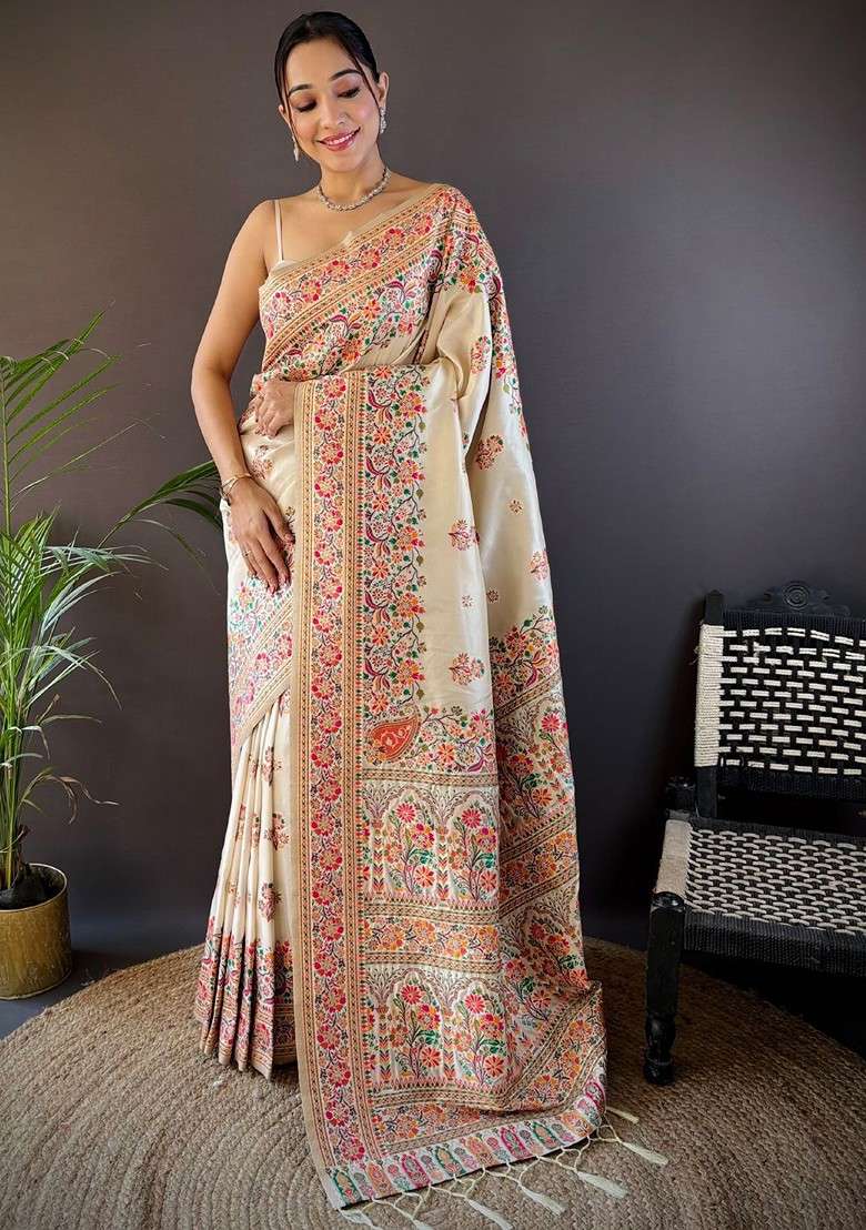 Off White Embroidered Blended Saree Set - Indya