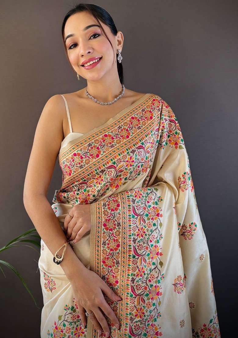 Off White Embroidered Blended Saree Set - Indya