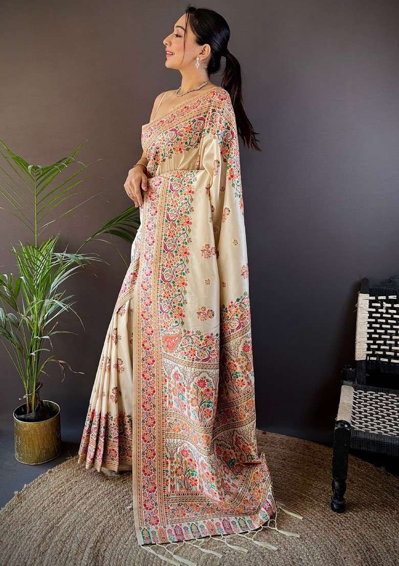 Off White Embroidered Blended Saree Set - Indya