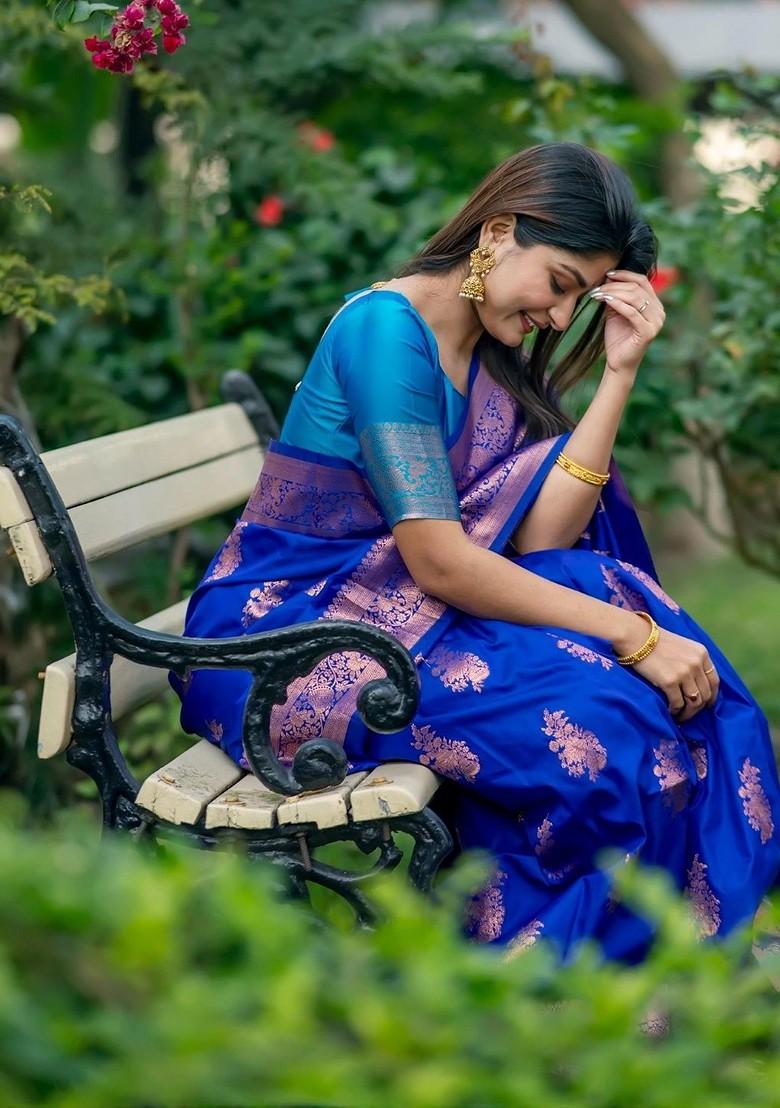 Blue Embroidered Blended Saree Set - Indya
