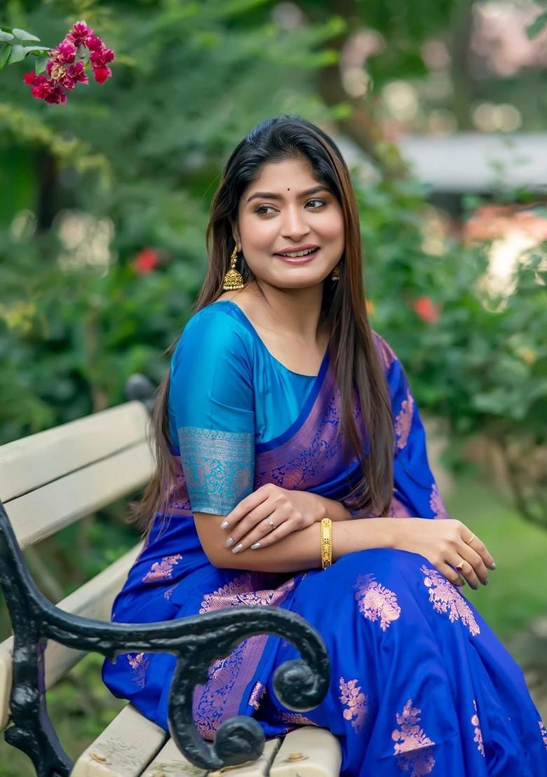Blue Embroidered Blended Saree Set - Indya