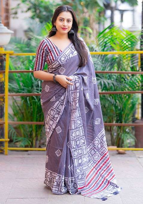 Grey Blended Saree Set with Embroidered for Diwali | Wedding & Festive Wear