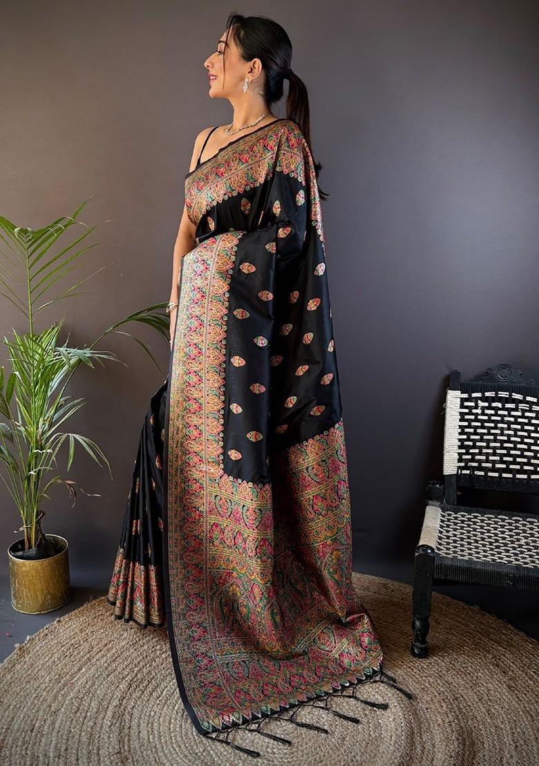 Black Embroidered Blended Saree Set - Indya