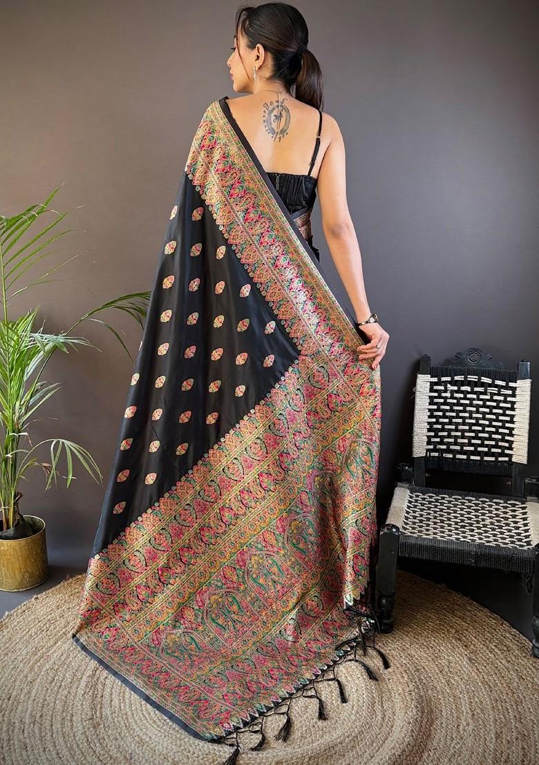 Black Embroidered Blended Saree Set - Indya