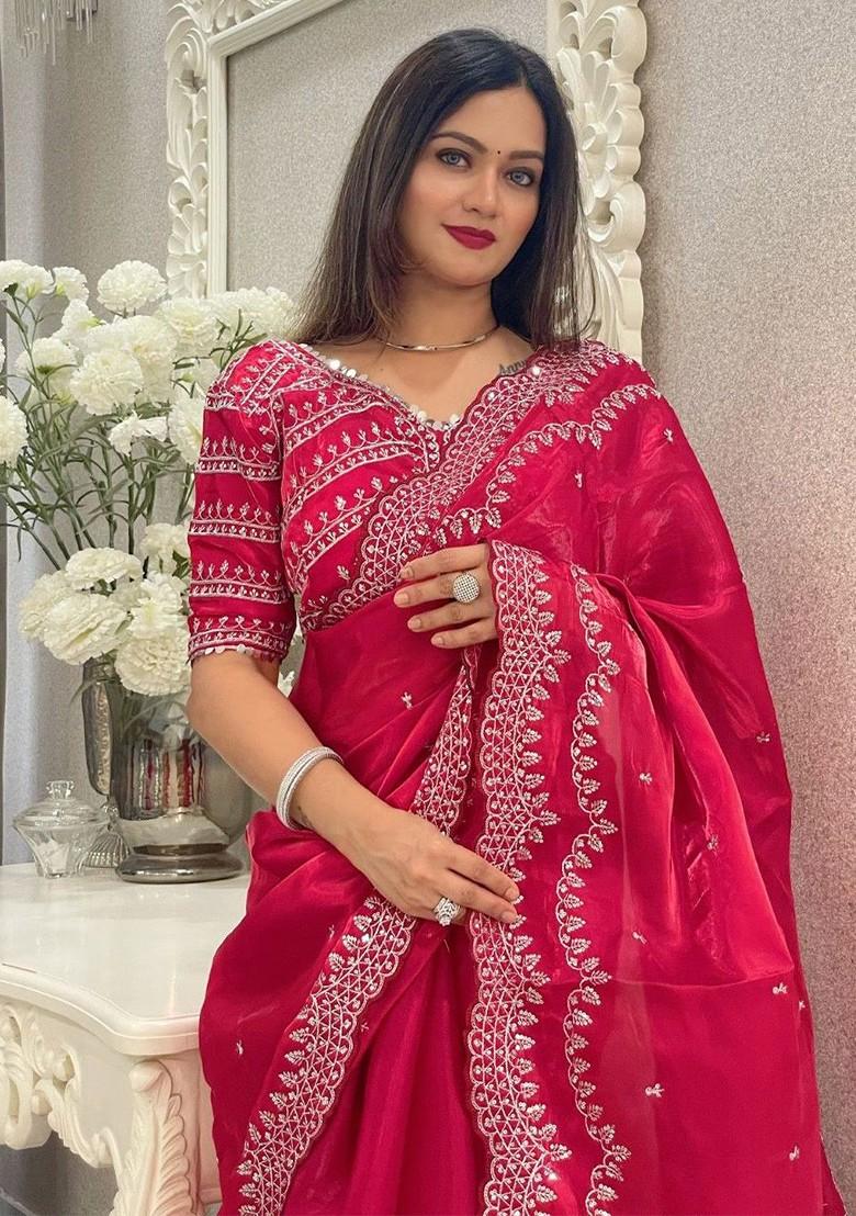 Red Embroidered Blended Saree Set - Indya