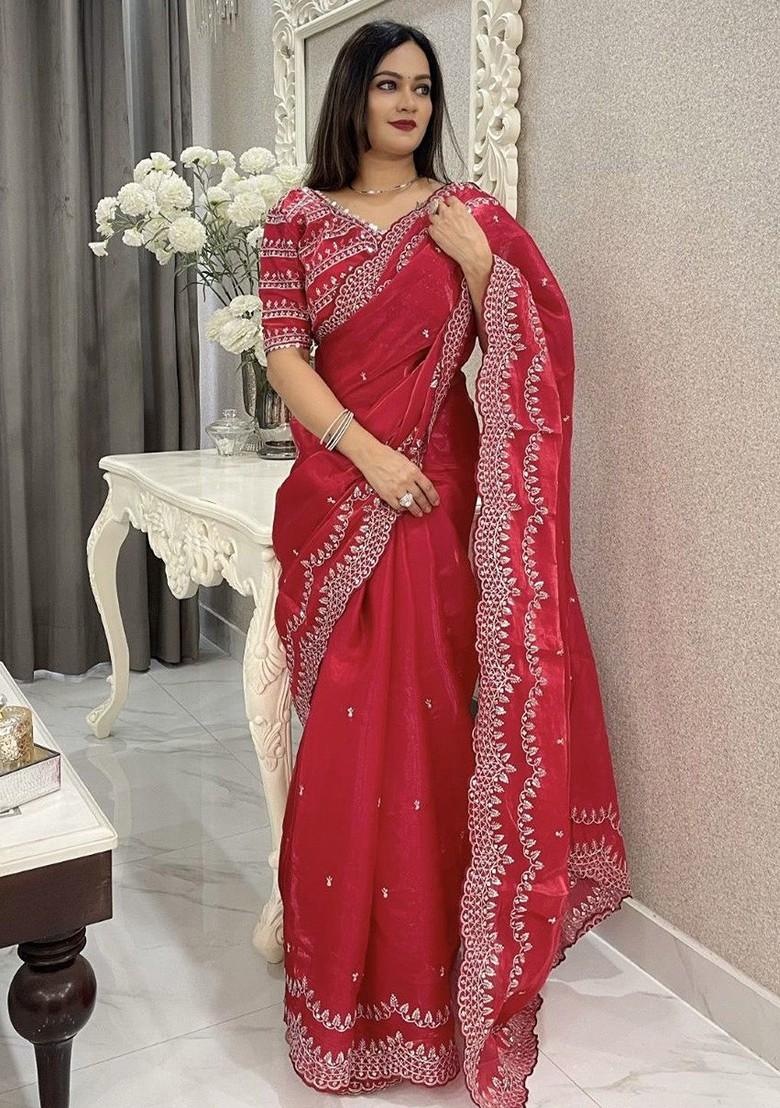 Red Embroidered Blended Saree Set - Indya