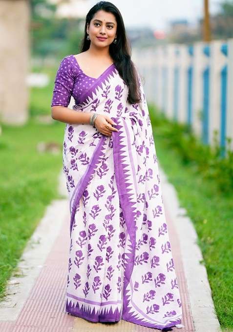 White Embroidered Blended Saree Set for Diwali and Festive Wear