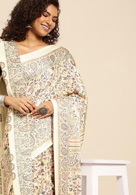 White Embroidered Blended Saree Set