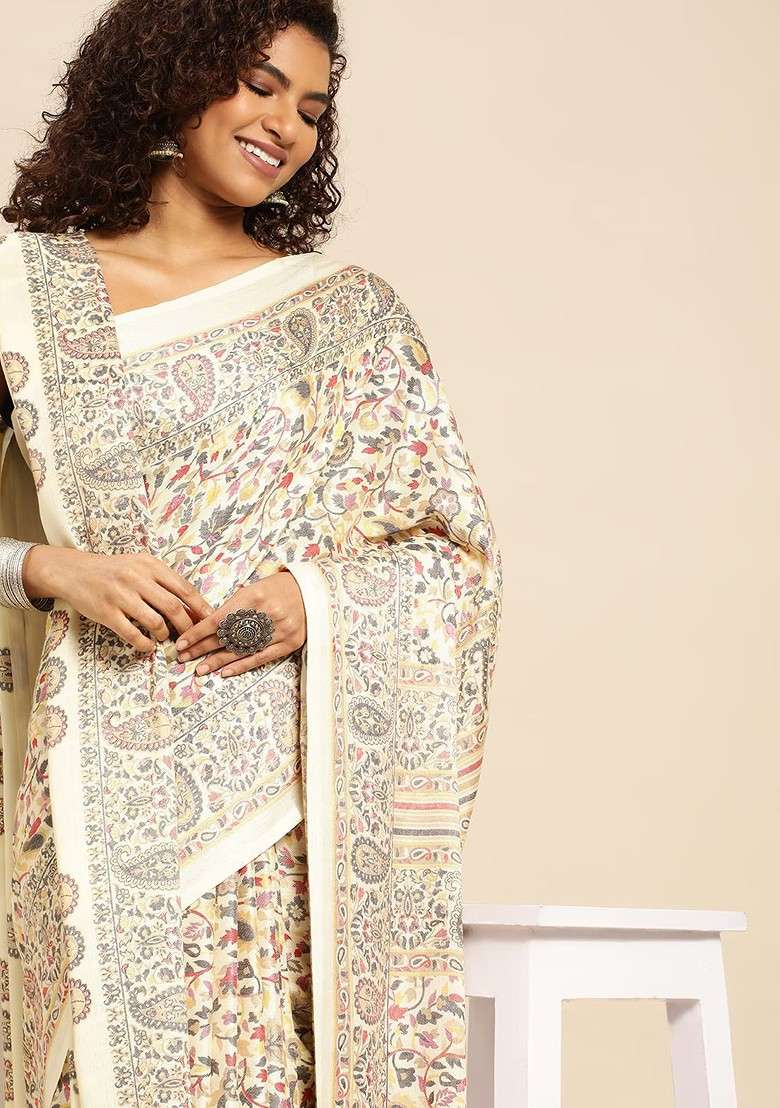 White Embroidered Blended Saree Set for Diwali and Festive Wear - Indya