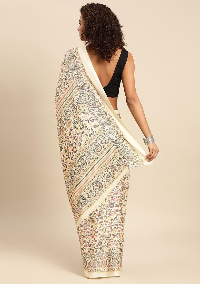 White Embroidered Blended Saree Set - Indya