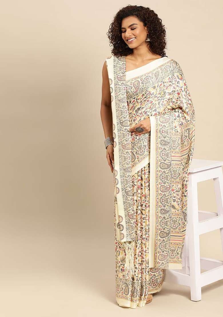 White Embroidered Blended Saree Set for Diwali and Festive Wear - Indya