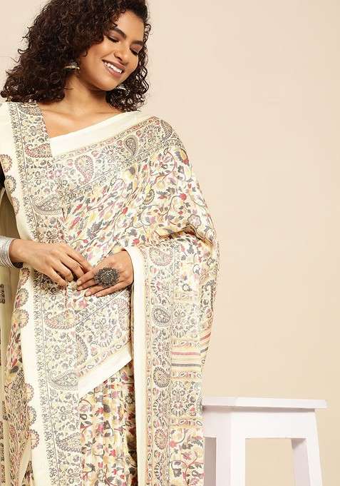 White Embroidered Blended Saree Set for Diwali and Festive Wear