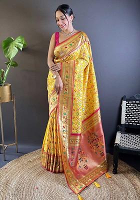 Yellow Embroidered Blended Saree Set