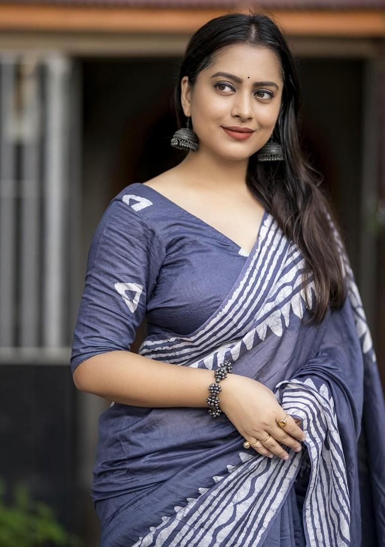 Blue Embroidered Blended Saree Set - Indya