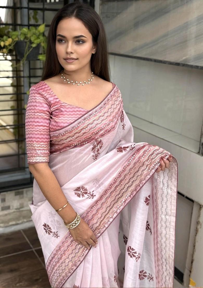 Pink Embroidered Blended Saree Set - Indya