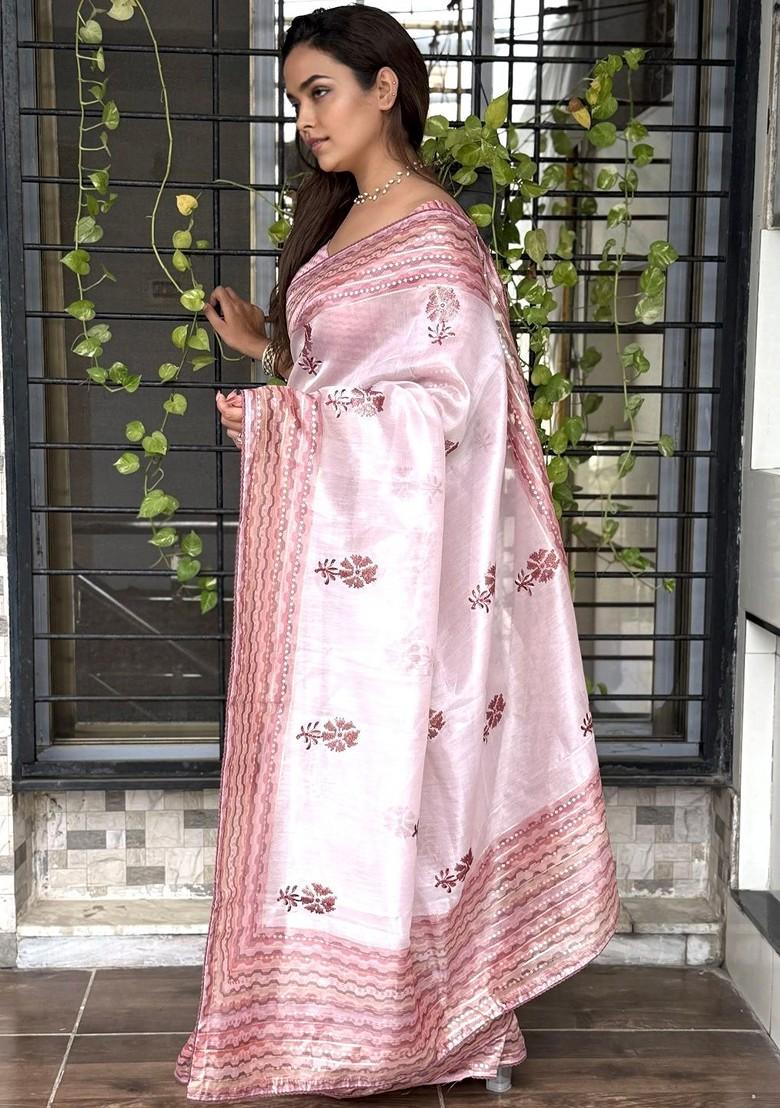 Pink Embroidered Blended Saree Set - Indya