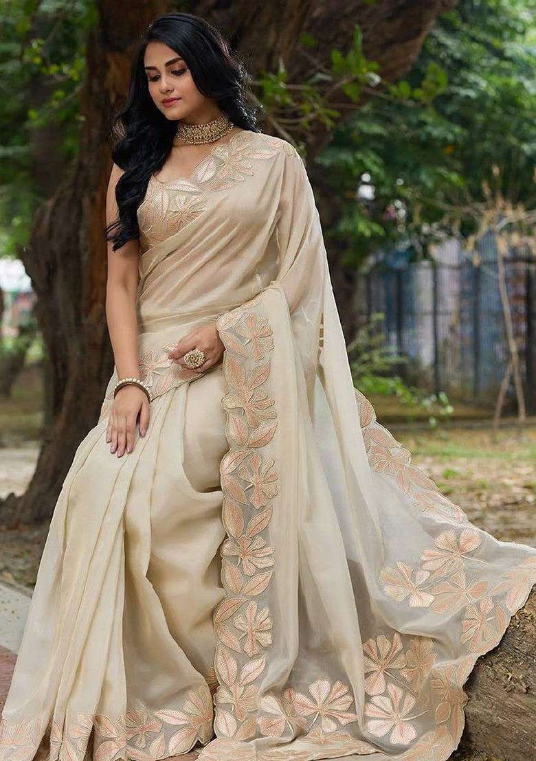 Cream Embroidered Blended Saree Set - Indya