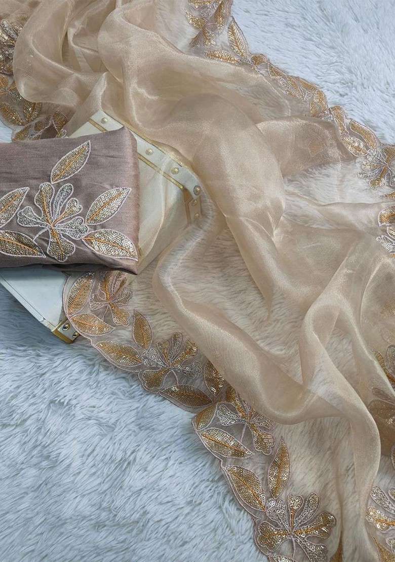 Cream Embroidered Blended Saree Set - Indya